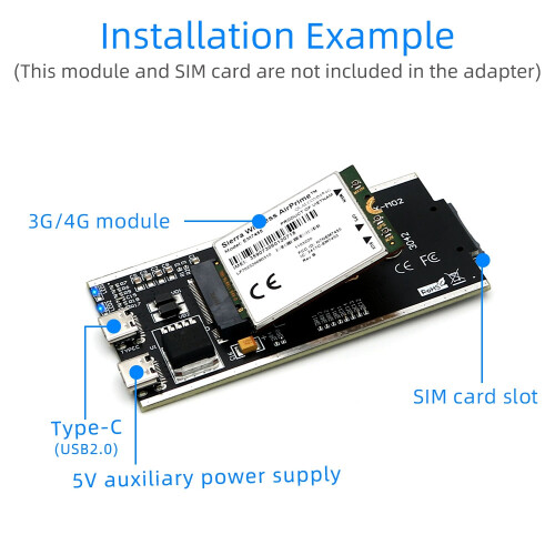 NGFF(M.2) Naar USB 2.0(TYPE C) Adapter met Simkaartsleuf en Hulpvoedingsinterface voor WWAN/LTE-Module 2