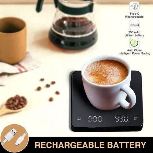 Coffee Scale with Timer, Coffee Scale, 0.1G/3Kg, Rechargeable, Auto Off, for Barista 1