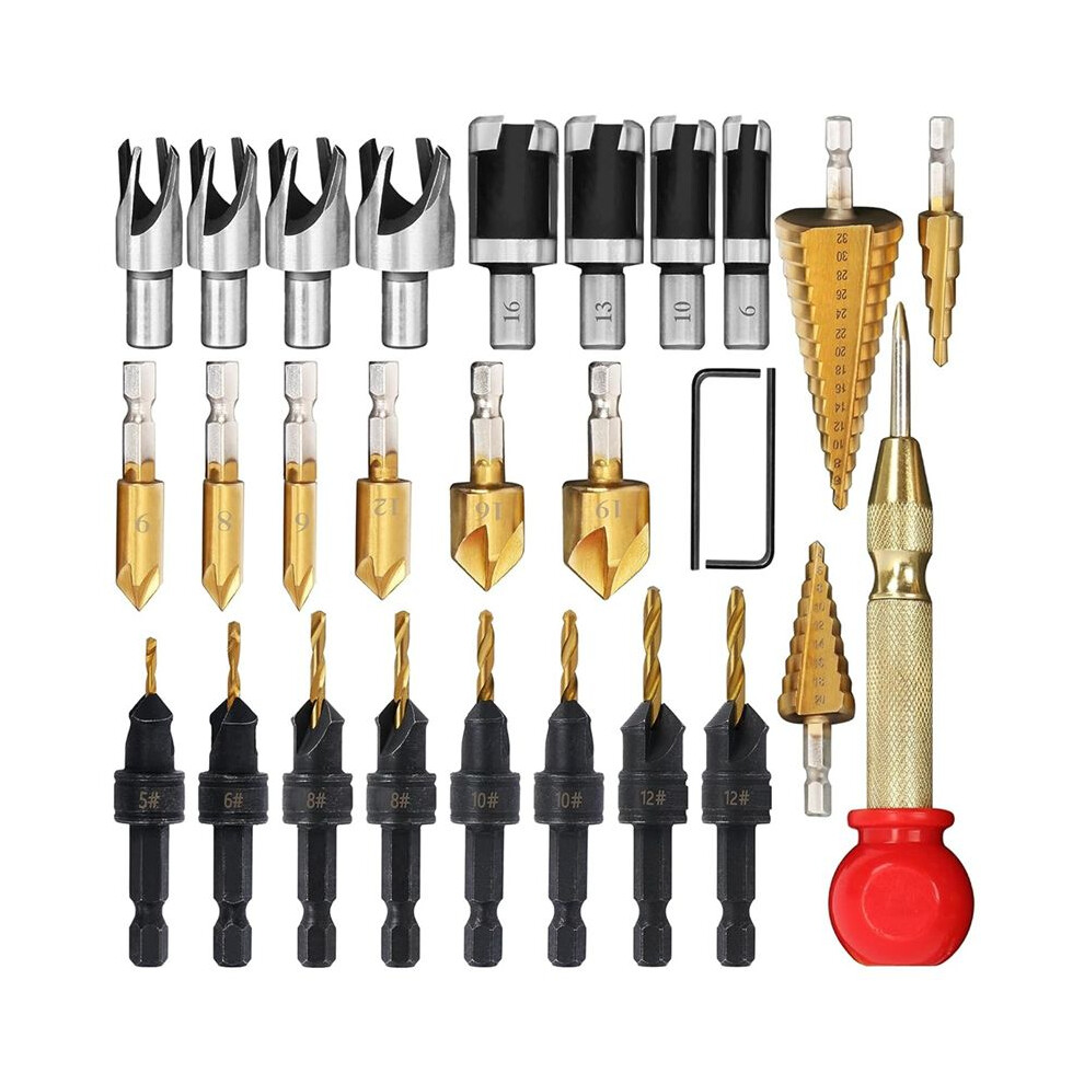 28 Pcs Woodworking Chamfer Drilling Tools, Including Countersink Bit, Wood Plug Cutter Drill Bit Set 6134220650500