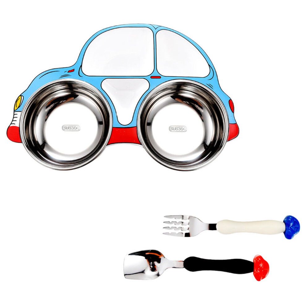 2Sets Skid-Proof Classified Baby Bowl Stainless Steel Fork Spoon Blue Artibetter