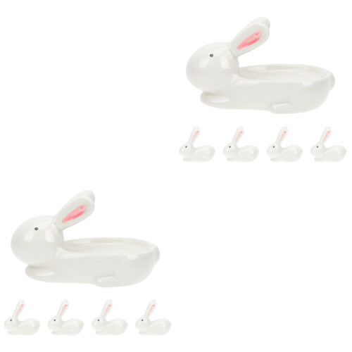 2Sets White Ceramic Rabbit Seasoning Plates and Chopsticks Holders Set 2