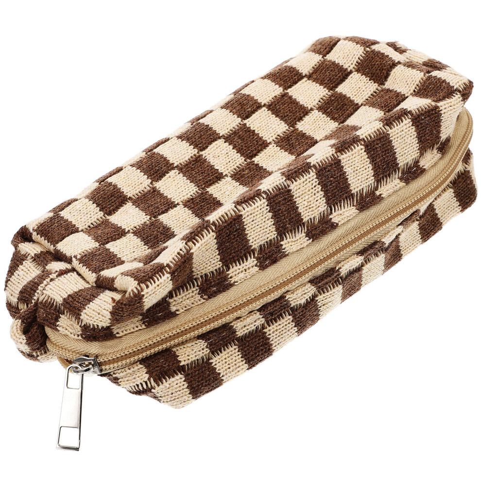 Artibetter 2Pcs Coffee Checkered Travel Makeup Bag Woolen Yarn Cosmetic Organizer