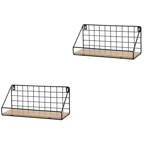 2Pcs Hanging Black Wall Shelf Practical Storage Basket with Wood Base 2