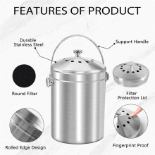 Cubo de Abono para Encimera de Cocina, Contenedor de Abono de Acero Inoxidable de 1,3 Galones para Interior con Tapa, Cubo de Residuos de Alimentos