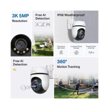 TP-Link Outdoor Pan/Tilt Security Wi-Fi Camera SPEC: 3K 5MP (2880x1620) 2.4 GHz 2 Ã— External Antennas 1 Ã— Ethernet Port Horizontal 360Âº