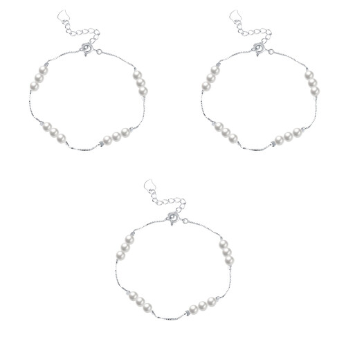 3Pcs Charm Sterling 925 Silver Adjustable Pearl Thin Chain Bracelet 2