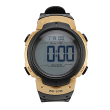 Orologio digitale da uomo con cronometro 1/100 sec, retroilluminazione EL, impermeabile fino a 50m, nero con dettagli dorati