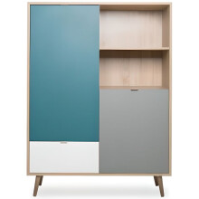 High sideboard - Sonoma oak, white, grey and blue - Scandinavian style - CUBA - L 103 x D 40 x H 139 cm
