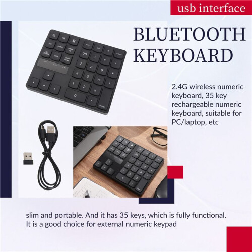 2.4G Wireless Numeric Keypad, Rechargeable Number Pad Keyboard with 35 Keys for PC/Laptop// 1