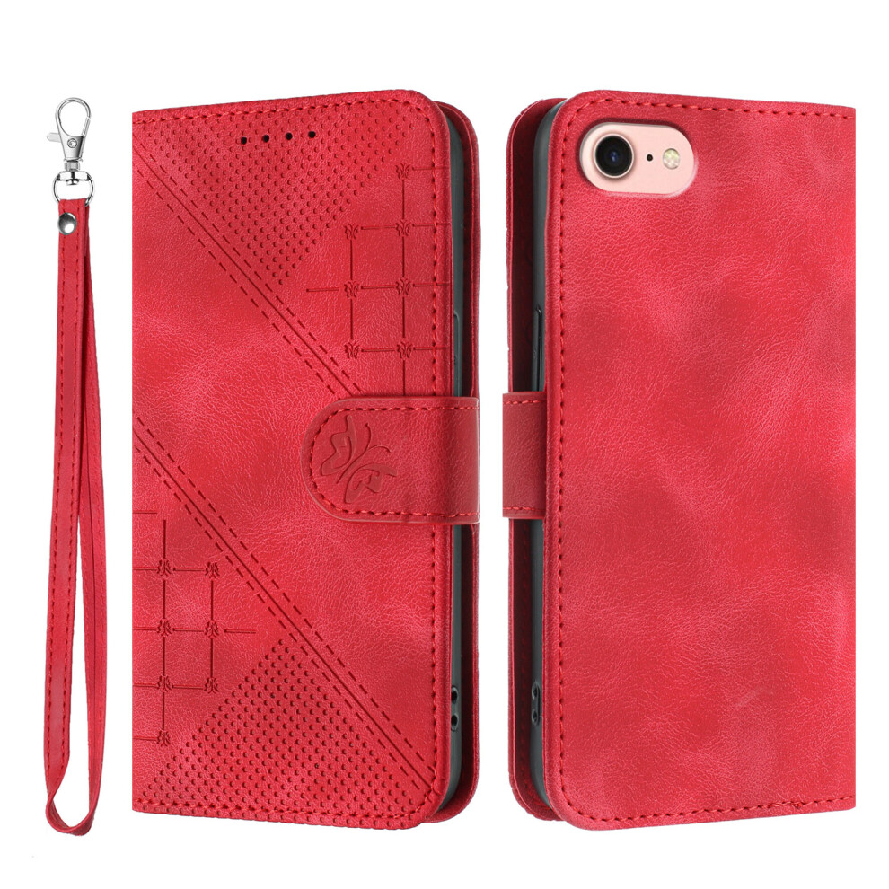 (Iphone 16E, ) For Iphone 16E Leather Wallet Case Butterfly Flower Imprinted Phone Cover With Strap Red 6914286962638