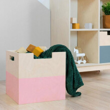Caixa de armazenamento de madeira modelo 2 - alças - Rosa e madeira natural - 33 x 33 x 37 cm
