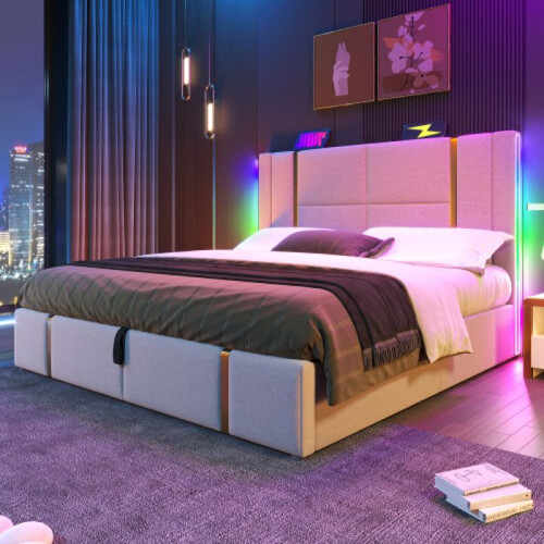 Lit double - MUVOE - 180x200 cm - Fonction USB Type C - Éclairage LED - Rangement sous le lit