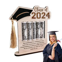 Geldkaarthouder 2024 Afstuderen Geldhouder Houten Congrats Kaart Geldclip voor Thuis Desktop Decor Feestartikelen Zwart