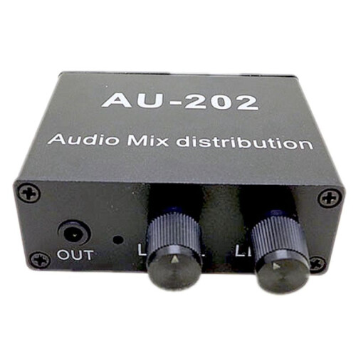 AU-202 2 Input 2 Output Stereo Mixer Audio Distributor for Headphone External Power AMP Volume Alone Control 1