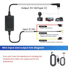 Universal 3.5M Car Dash CAM Wire 12/24V to 5V 3A Vehicle DVR Hardwire Cable Kit Video Camera Recorder Type-C