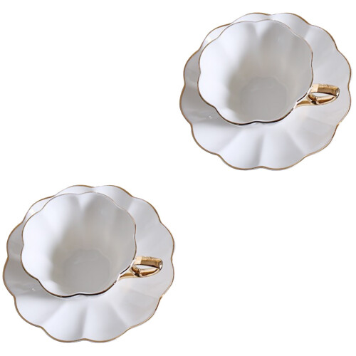 2Sets White Ceramic Coffee Mug with Saucer Smooth Rim 2