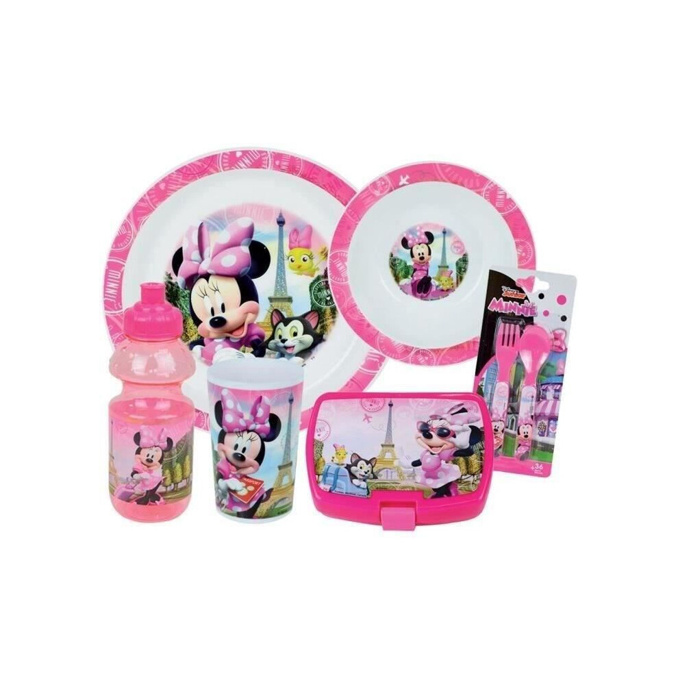 Disney Minnie Dish Set - 006377 - Glass, Deep Plate, Flat Plate, Water Bottle, Snack Box, And Cutlery Fun House