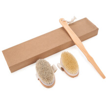 Escova de corpo para escovação a seco, com cabo longo e cerdas naturais de javali, para drenagem linfática. Ferramenta esfoliante que promove a