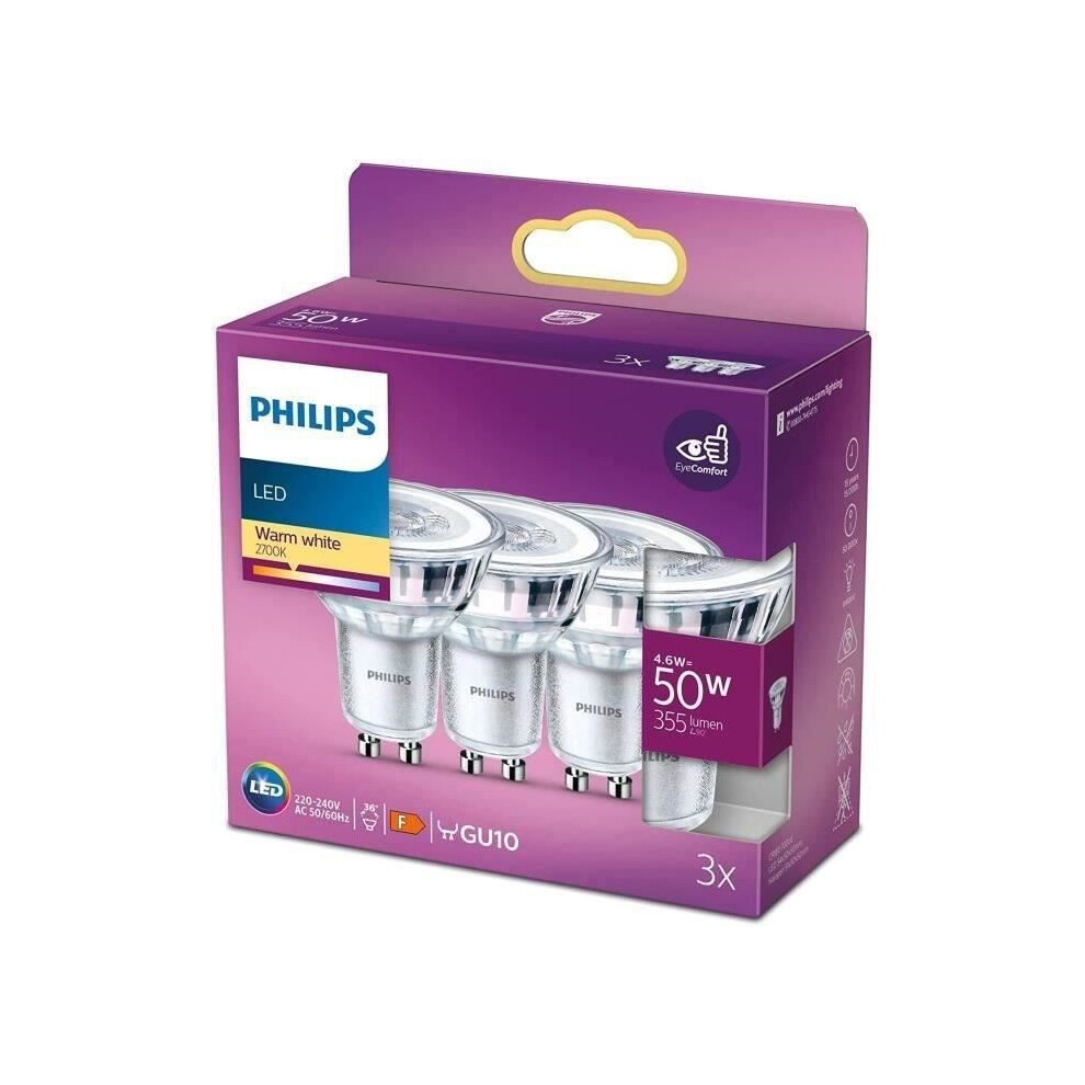 Philips Gu10 Led Bulbs - Pack Of 3 - 50W - Warm - Indoor Lighting White
