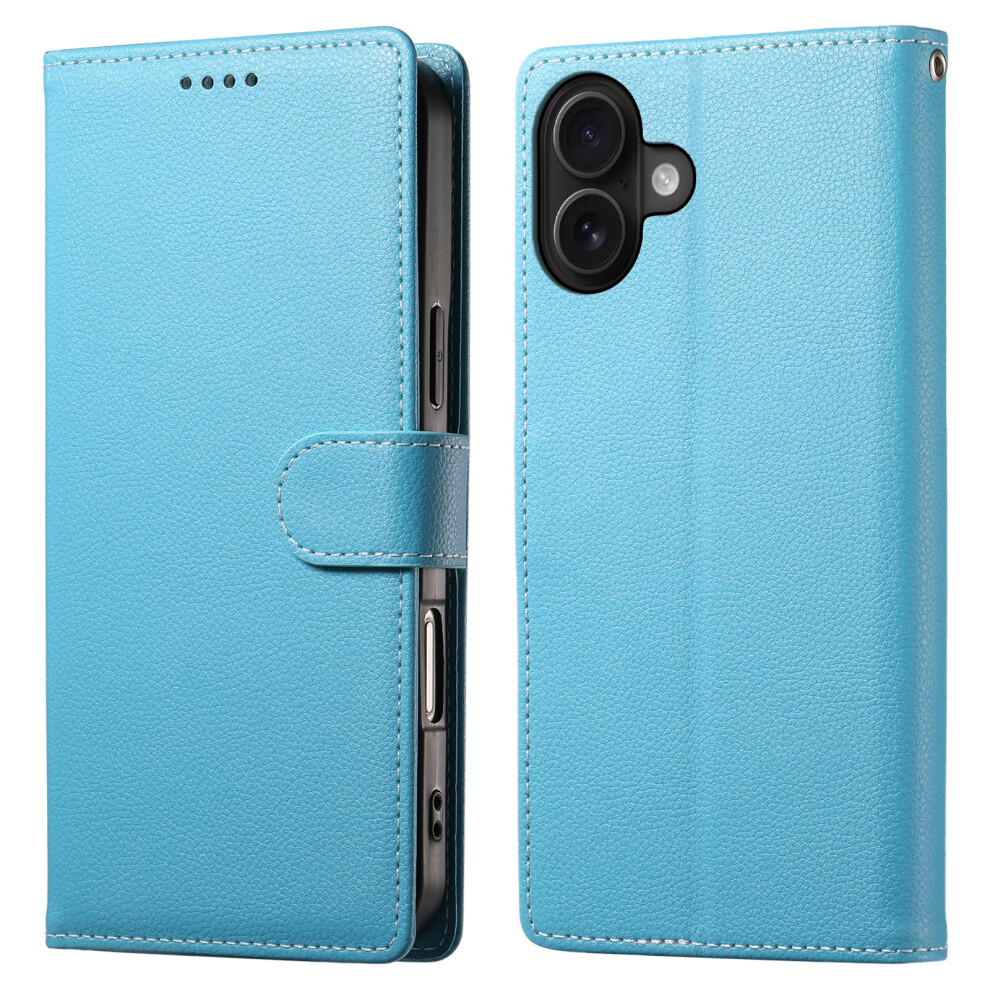 (Iphone 17, Sky ) For Iphone 17 Case Magnetic Snap Litchi Texture Leather Wallet Phone Cover With Wrist Strap Blue 6914282797500