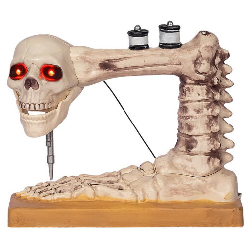 Skeleton Sewing Machine Figurine Prank Voice Controlled Halloween Deco