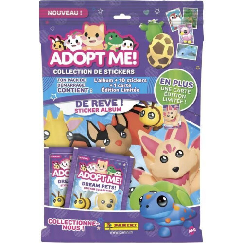 Starter pack - PANINI - Adopt Me! Roblox - Album + 2 packets - 1 limited edition card - 10 stickers