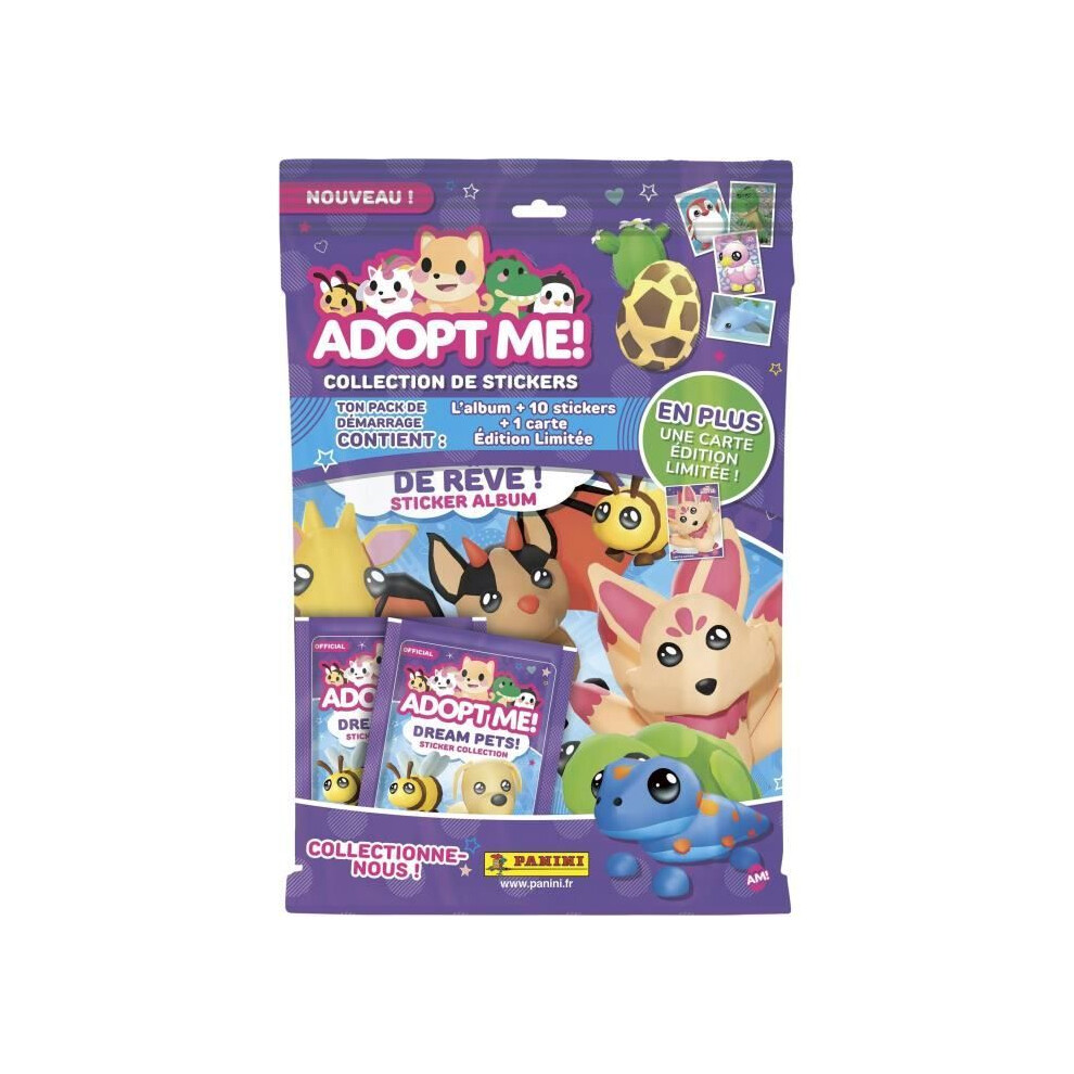 Panini Starter Pack - Adopt Me! Roblox - Album + 2 Packets - 1 Limited Edition Card - 10 Stickers