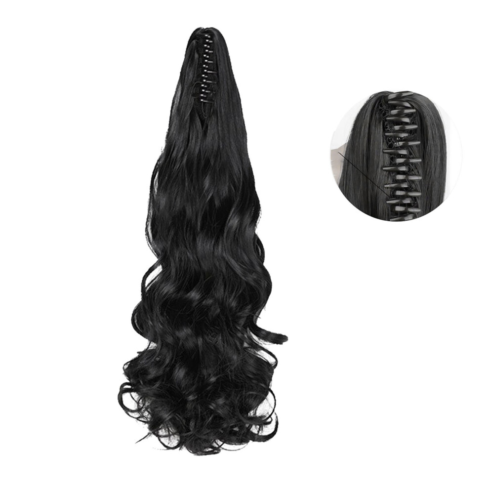Unisex Black Women Long Wavy Curly Synthetic Ponytail Hairpiece 19.7In