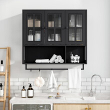 Wandkast voor de badkamer, houten kast met drie deuren, handdoekrek en glazen medicijnkast, zwart