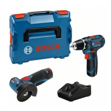 Pack of 2 BOSCH tools: GSR 12V-15 Drill/Driver + GWS 12V-76 Angle Grinder + 2 batteries 2Ah 12V + charger in L-BOXX.