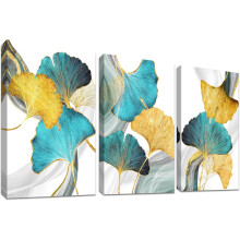 Tableau Mural Triptyque Feuilles Ginkgo Biloba Dorées 150x70cm - Impression Toile HD sur Cadre Bois - Décoration Salon Moderne