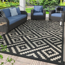 GENIMO Outdoor Rug Waterproof, 180x275cm Reversible Camping Mat, Plastic Picnic Blanket for RV, Camper, Balcony, Backyard, Deck, Black & Beige