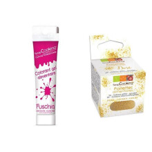 Corante alimentar em gel fúcsia + brilhos dourados