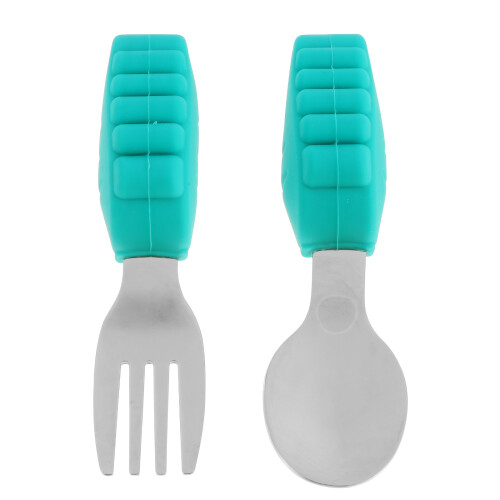 2Sets Green Baby Utensil Stainless Steel Fork Spoon Training Tableware