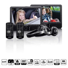 Tragbarer DVD-Player mit 2 x 9 Zoll, USB, SD, integriertem Akku, Kopfhörer und Halterung, Schwarz