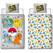 Wendebettwäsche - POKEMON - Pikachu und Starter - Grau - Mikrofaser - 1 Bettdecke 140 x 200 cm + 1 Kissenbezug 63 x 63 cm