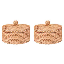 2X Handvävd FöRvaringslåda i Rotting med Lock Wicker Te MatbehåLlare Picknick BröD Frukt TåRtkorg KöK Organizer B