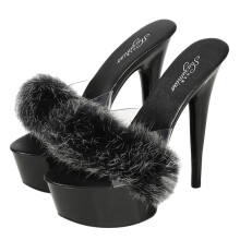 1Paire Sandales Talon Noir PVC Décor Fluffy Mode