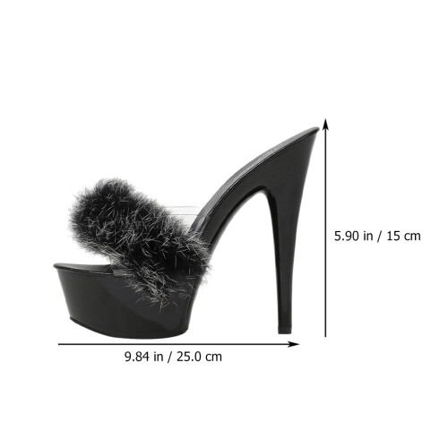 1Paire Sandales Talon Noir PVC Décor Fluffy Mode 1