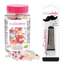 Decori zuccherini palline multicolori 70 g + Penna per glassa nera