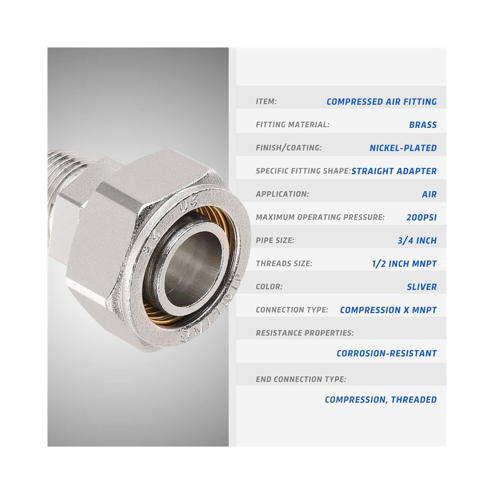 Photos - Other Bathroom Accessories 3/4Inch Straight Air Piping Fittings, 3/4 X 1/2Inch Male NPT Threads Adapter Fittings, Brass-Nickel Plated, 2PCS