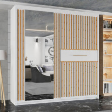 (White/Votan Strip, 203cm) MN Furniture Sliding Door Wardrobe with Mirror Door, Shelves & Hanging Rail