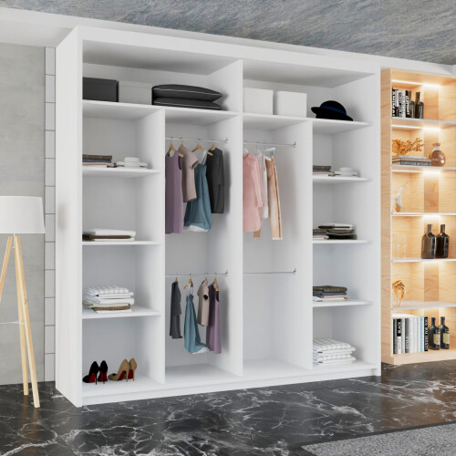 MN Furniture Sliding Mirror Wardrobe Shelves White/Votan 203cm 1