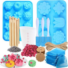 Soap Making Kit: Silicone Soap Mold, Measuring Cup, Organza Bag, Wooden Stirring Stick, Dried Flowers for Crafting