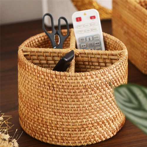 Hand-Woven Storage Box, Handle Remote Control Basket, Mobile Phone Decorative Box, Home Office Storage Box Round 2