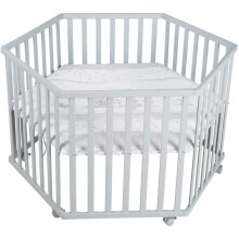 Wachsender Babypark hexagonal - ROBA - STERNENZAUBER - Gepolsterter Bezug - Elefantenmuster - 6 Bremsräder - Grau lackiertes Holz