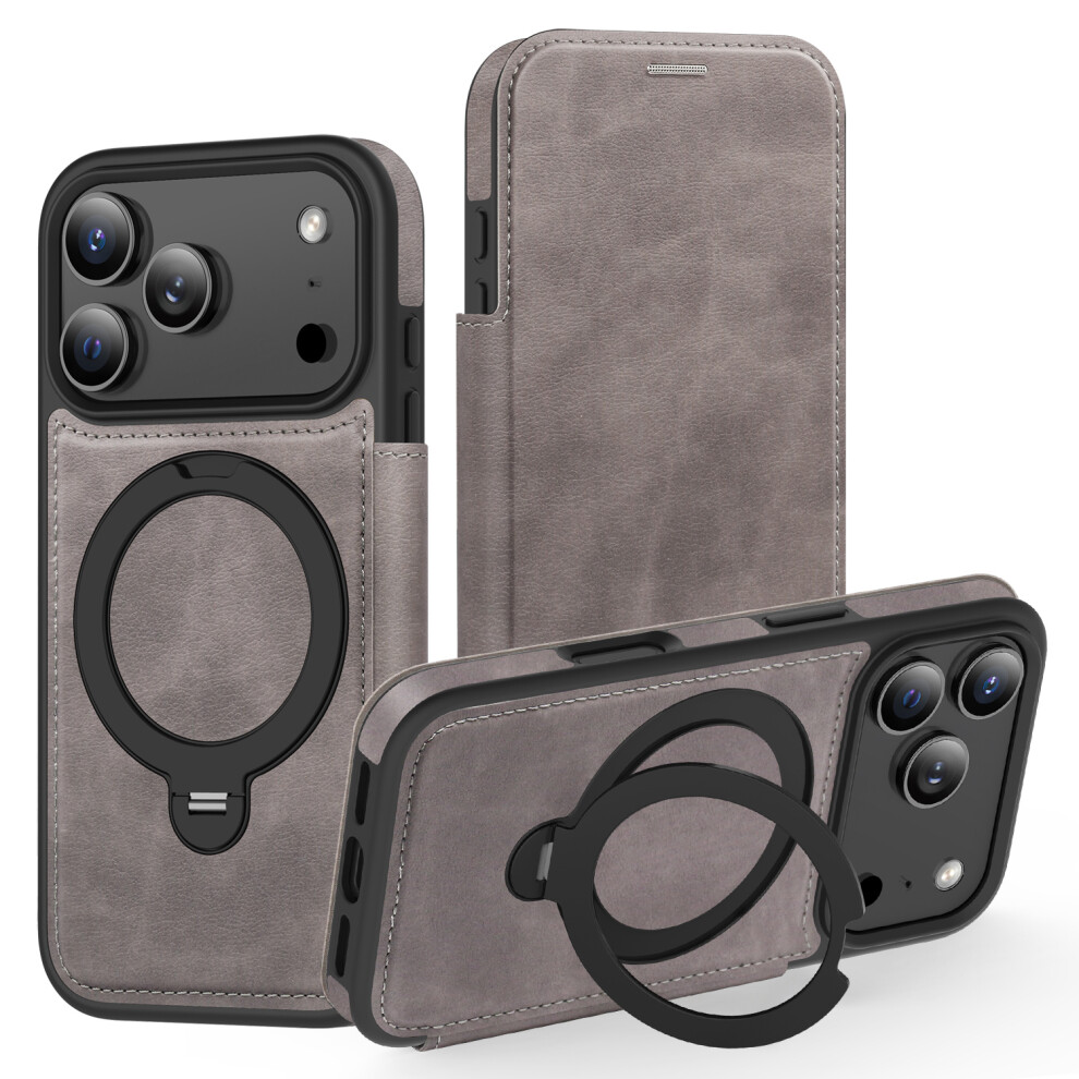 (Grey) For Iphone 17 Pro Case Compatible With Magsafe Rfid Blocking Leather Wallet Cover With Rotating Ring Kickstand Grey 6914282303879