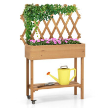 Jardinière surélevée - HELLOSHOP26 - 90 x 29 x 129 cm - Bois de sapin - Treillis & doublure - 2 roues verrouillables