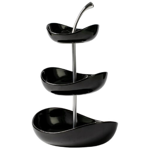 Fruit Stand with 3 Levels, Ceramic Bowls, SpaceSaving, Black