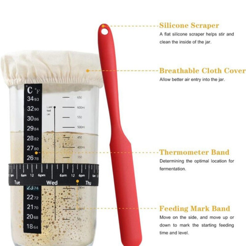 Bread Fermentation Glass Jar,Have Breathable Cloth Cover,Thermometer,Reusable Sour Dough Jar,Bread Baking,Large 1